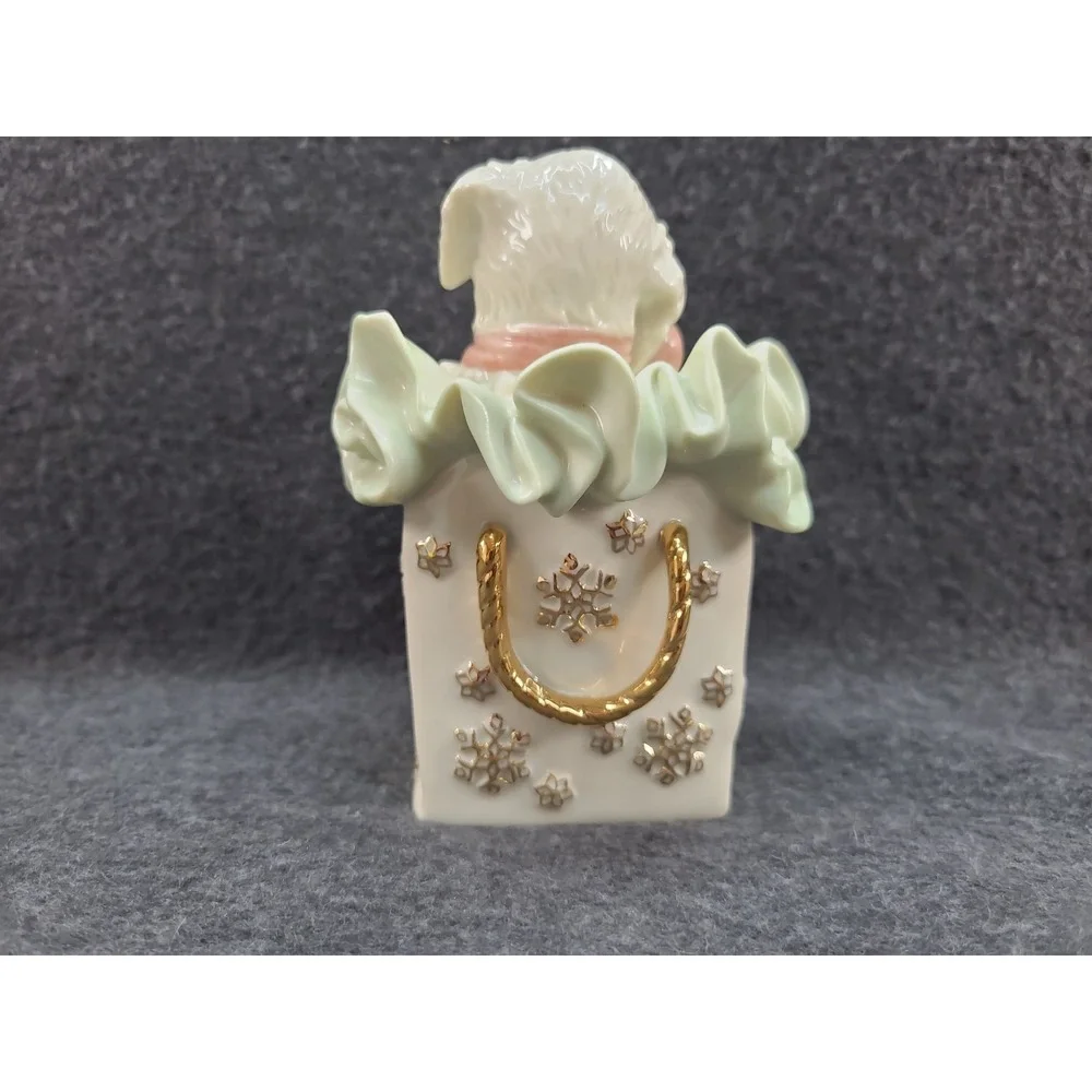 Puppy in Bag Figurine Lenox Christmas Playful Present Dog in a Gift Bag Holiday